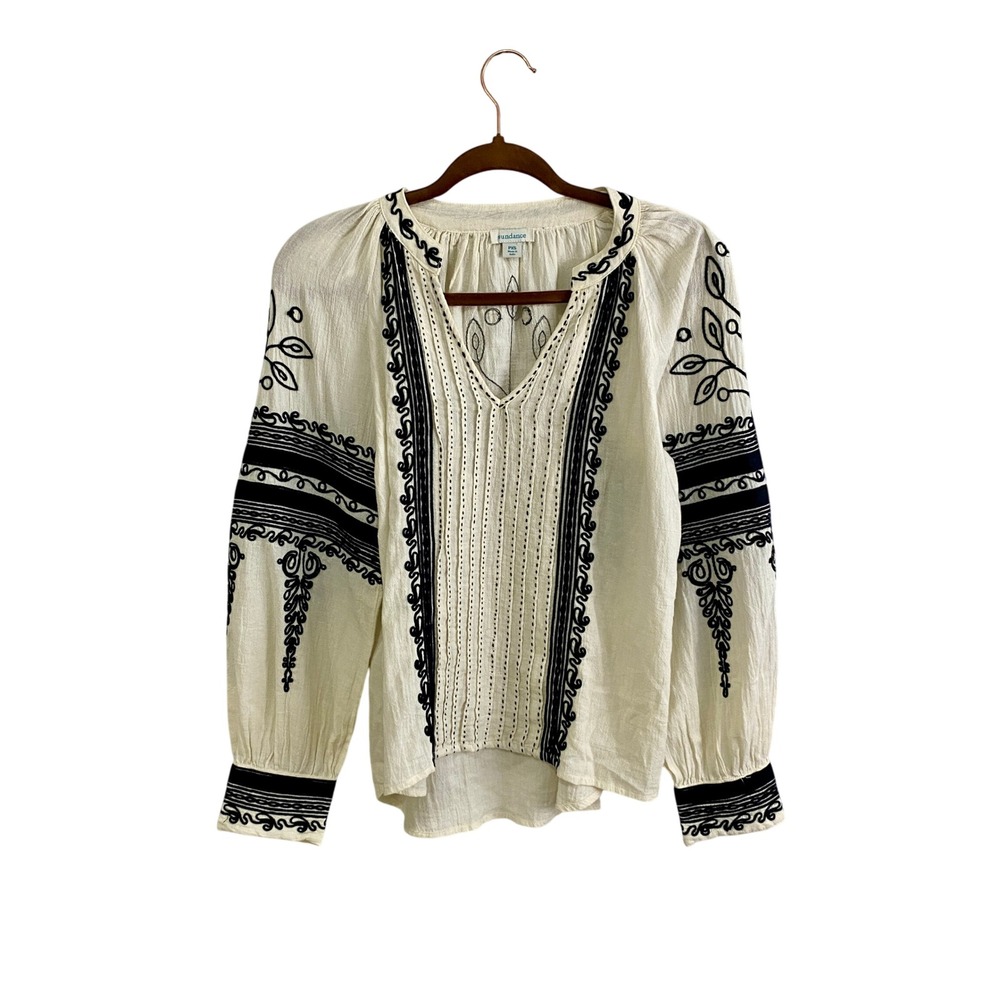 Sundance Embroidered Peasant Blouse PXS Cream Black Cotton Gauze Balloon Sleeve
